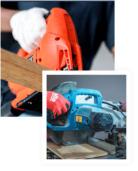 Close-up of a craftsman using a circular saw to cut hardwood parquet flooring during a home remodeling project.